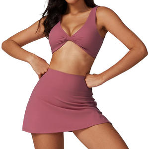 Ensemble de yoga 2 pièces pour femmes, leggings taille haute, haut court à bretelles croisées sans couture, couleur unie, vêtements de sport TZ8796 - Product Image 3