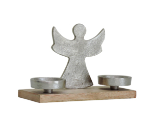 Porte-bougie décoratif en aluminium en forme d'ange avec base en bois, centre de table de Noël, décoration de fête - Product Image 3