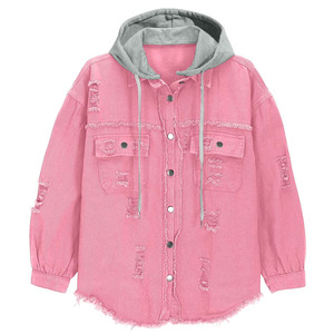 Nuevas sudaderas de mezclilla para damas, color rosa, manga larga, cierre de botones, bolsillo frontal, estilo urbano. - Product Image 1