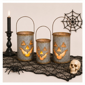 Creative Galvanized Corrugated Metal Pumpkin <b>Lanterns</b> Spooky Jack-o-<b>Lantern</b> Luminaries with Handles for Indoor Outdoor Decor - Product Image 2