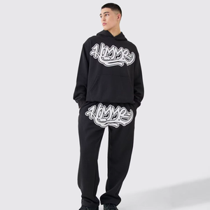 Ensemble de sweat-shirt à capuche noir pour homme, streetwear, manches longues, coupe ample, coton, ensemble de survêtement deux pièces avec impression de logo blanc - Product Image 1