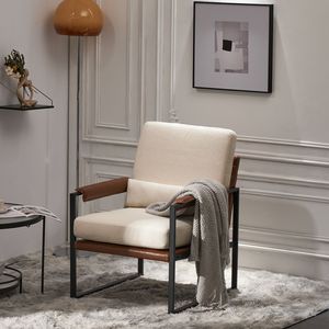 Poltrona Singola con Struttura in Ferro, Braccioli in Pelle a Nido d'Ape Beige-Marrone, Sedia da Interno per il Tempo Libero con Rivestimento Morbido - Product Image 4