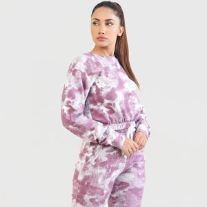 Ensemble de survêtement tie-dye pour femme, manches longues, col rond, pantalon à cordon de serrage, tenue décontractée d'automne, 100% coton, couleur dégradée, jogging - Product Image 3