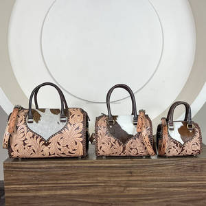 Genuine Cowhide <b>Leather</b> 15 Inch Zipper Closure Eco-Friendly Speedy Women's Floral Design Carved Western Crossbody Satchel Purse - Product Image 4