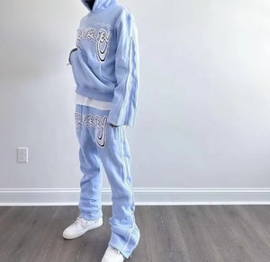 Survêtements surdimensionnés en molleton français personnalisés avec fermeture éclair latérale sur les manches, ensemble deux pièces pour hommes avec pantalon évasé - Product Image 6