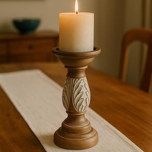 Handcrafted Natural Wood Candle Stand Intricate <b>Leaf</b> Carving Design Pillar Candles | Customizable Christmas Home Decor - Product Image 1
