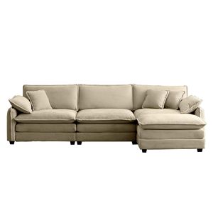 Divano Sezionale a L Oversize a 3 Posti in Corduroy Tan con Poggiapiedi e Pouf per Soggiorni - Product Image 4