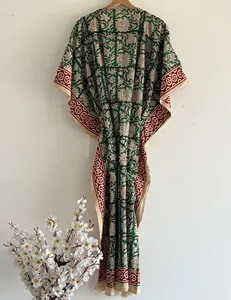 Elegante Vestido Kaftán de Algodón con Estampado Floral Verde, Cintura Ajustable, Estilo Bohemio, Holgado, Informal, para Mujer, Vestido de Verano - Product Image 3