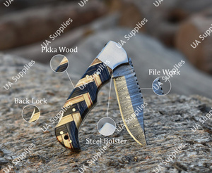 Couteau pliant Damas de qualité supérieure, motif torsadé, manche en bois d'olivier, OEM, multifonctionnel, de survie, EDC, étui en cuir véritable - Product Image 2