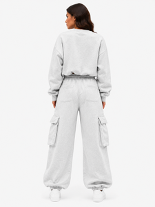 Sweat-shirt court oversize à col rond, coupe ample, pantalon cargo assorti à jambes larges, ensemble de survêtement baggy, streetwear personnalisé, hiver automne - Product Image 2