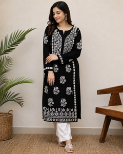 Best Selling Black Chikankari Embroidered Cotton <b>Kurti</b> for Women – Elegant Floral Paisley Ethnic Wear with Long Sleeves - Product Image 1