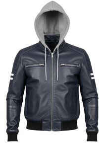 Conjunto Deportivo de Piel Sintética Azul Marino con Capucha para Hombre – Chaqueta Biker con Cremallera Completa y Pantalones Jogger Acanalados, Conjunto de Dos Piezas - Product Image 4