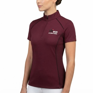 WIZE INTERNATIONAL Women's <b>Maroon</b> Short Sleeve Zipper Polo Shirt Quick Dry Knitted Polyester Front Logo - Product Image 2
