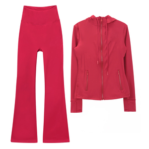 Set Sportivo da <span class=keywords><strong>Donna</strong></span> Personalizzato, Altamente Elastico <span class=keywords><strong>e</strong></span> Traspirante, Tinta Unita, con Giacca con Cappuccio <span class=keywords><strong>e</strong></span> Pantaloni a Zampa, Completo Yoga in Due Pezzi - Product Image 1