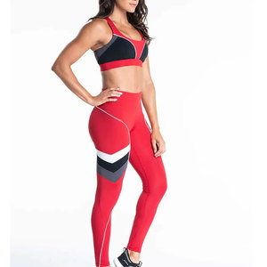 Red Color Blocking Yoga Set Racerback Sports Bra High Waist Full Length Leggings Two Piece Spandex Polyester Activewear - Product Image 6