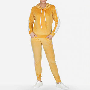 Women Yellow <b>Velour</b> <b>Tracksuit</b> Set Hooded Full Sleeve Casual Autumn Style With Side Pockets Elastic Waist - Product Image 1