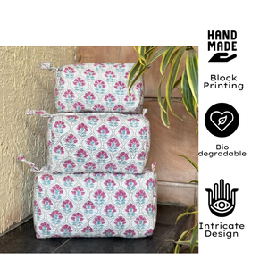 Premium White Pink Jaipur hand block print Cotton Quilted Pouch Set Sustainable non toxic dye Waterproof Daily Use Durable - Product Image 2