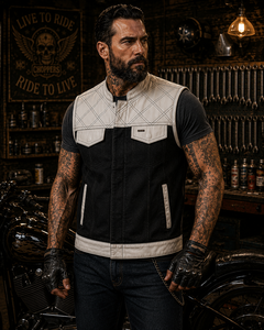 Chaleco de Cuero para Motociclista en Blanco y Negro para Hombre – Estilo Motociclista Robusto con Vista Frontal |   Equipo de equitación de diseño personalizado premium - Product Image 1