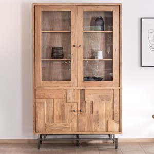 Vitrina de estilo retro de 4 puertas Vandana Urban Comfort, grande, en madera de acacia y metal con frentes con diseño de rompecabezas. - Product Image 5