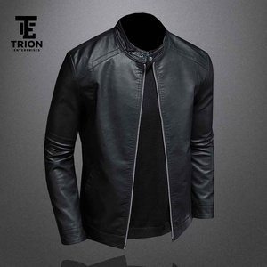 New Arrival High Quality Custom Designed Men's Winter Leather Jacket Fashion Canvas <b>Fabric</b> Stand Collar Front Logo Positioning - Product Image 4