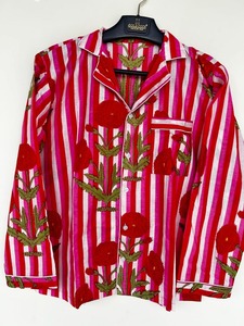 Ensemble de pyjama décontracté 3 pièces en coton tissé pour femme, motif floral rouge rayé, taille élastique faite à la main, vêtements de détente printemps-été, style bohème - Product Image 3