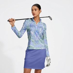 Polo de golf pour femme à manches longues avec imprimé paisley, tissu tricoté à séchage rapide, motif bleu, style décontracté - Product Image 5