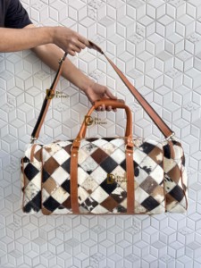 Hottest Arrival Cowhide Fur <b>Leather</b> Luggage <b>Bags</b> Checks Design Handmade <b>Bag</b> Unisex Travel <b>Bag</b> Multi Uses Big Size Duffel <b>Bag</b> - Product Image 5