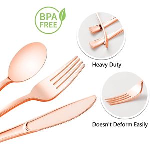 Set di posate in plastica color oro rosa pre-rollate, 50 pezzi, kit monouso per feste, 50 forchette, 50 cucchiai, 50 coltelli, tovaglioli inclusi - Product Image 3