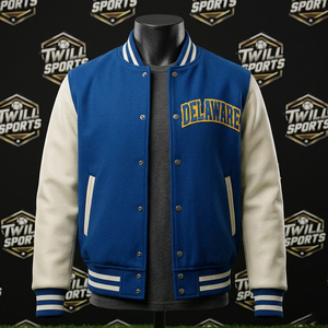 Delaware <b>Varsity</b> <b>Jacket</b> <b>Men's</b> Blue Leather Sleeve Embroidered Letterman <b>Bomber</b> Preppy Style Winter Casual Customized Colors - Product Image 4
