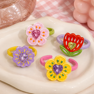 Vintage Brass <b>Ring</b> with Tarnish Free Plating Unique <b>Chunky</b> Bohemian Colorful Enamel Resin Flower <b>Rings</b> - Product Image 1