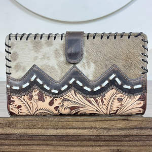 New Arrival Western Genuine Hair On Cowhide Long <b>Wallets</b> with Hand Tooled Leather Floral Design Handmade Leather <b>Women's</b> <b>Wallet</b> - Product Image 4