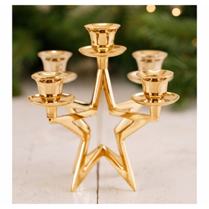 Candélabre de Noël 5 branches en laiton massif pour bougies coniques, élégant centre de table et décoration festive pour la maison - Product Image 1