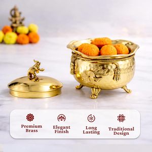 Brass Elephant Handi with Lid Antique Finish Decorative Storage Pot with <b>Floral</b> Design Legs Masala <b>Box</b> Dry Fruit Contain - Product Image 3