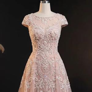 Vestido de Noche Rosa de Lujo con Cuentas, Manga Corta, Bordado de Perlas, Tul, Corte en A, Vestido de Fiesta para Mujer, Elegante Vestido para Invitadas de Boda - Product Image 1