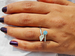 Elegant Toi et Moi <b>Ring</b> with Blue and Clear Stones Lab-grown Diamonds, Minimal Open Band Design Perfect for Daily Wear For Women - Product Image 6