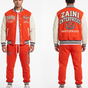 Mens Varsity Tracksuit 380 GSM Cotton Polyester Fleece Orange White Contrast Sleeve Custom Chenille <b>Embroidery</b> Print Logo - Product Image 1
