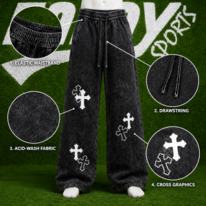 Pantalon de jogging unisexe en coton, coupe ample et oversize, style streetwear hip-hop, avec broderie croisée, effet délavé vintage, jambe large - Product Image 6