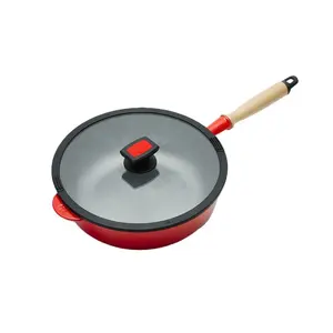 Sartén de hierro fundido Ji doble de 11,8 pulgadas, sartén antiadherente redonda para parrilla de barbacoa, sartén, sartén, utensilios de cocina con Handel de madera