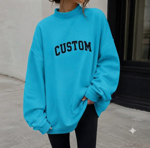 เสื้อสเวตเชิ้ตคอกลมโอเวอร์ไซส์สำหรับผู้หญิง ผ้าฝ้าย 100% สีน้ำเงิน พิมพ์ลายตัวอักษรตามสั่ง แขนยาว ถักทอ ระบายอากาศได้ดี เหมาะสำหรับใส่ในฤดูใบไม้ร่วง คอเต่า - Product Image 1