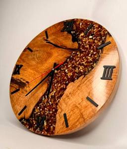 Fresh Arrival Baltic Amber River Art Deco Quartz Hanging Wall Clock-Handmade Wood Resin Wedding Gift - Product Image 1