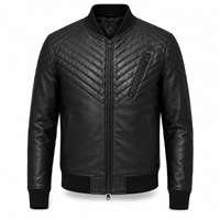 Blouson bomber en cuir véritable noir pour homme avec panneaux d'épaule matelassés, col et poignets côtelés et poches zippées