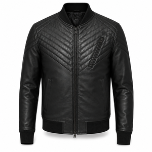 Chaqueta bomber de cuero genuino negro para hombre con paneles acolchados en los hombros, cuello y puños acanalados y bolsillos con cremallera - Product Image 1