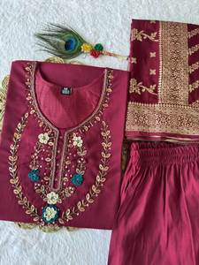 Precio al por mayor: Conjunto de Salwar Kameez de seda romana premium con trabajo manual, colores brillantes, aspecto magnífico, festivo y especial, con dupatta. - Product Image 6