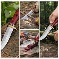 Couteau de chasse à lame fixe forgé à la main, manche en bois Pakka rouge, embout en laiton, queue de rat, avec étui, vente en gros B2B OEM