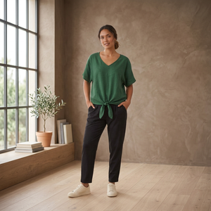 Chemisier vert en rayonne pour femme, col en V, manches courtes, épaules tombantes, coupe ample, décontracté, à nouer devant, écologique, idéal pour l'été - Product Image 5