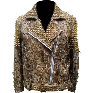 Blouson de moto en cuir véritable écologique pour homme, style décontracté, décoré de rivets, fermeture éclair, col montant, pour l'hiver - Product Image 3