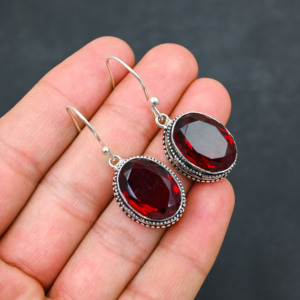 Customised <b>Red</b> Garnet LAB-CREATED 925 Sterling Silver <b>Earrings</b> 1.9" Handmade Gemstone Jewelry Antique Fine <b>Earring</b> Gift for Wome - Product Image 4