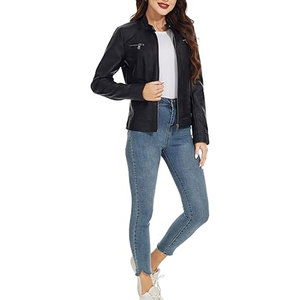 Chaqueta de Moto de Cuero PU para Mujer, Cuello Alto, Cierre de Cremallera, Manga Larga, Estilo Otoñal, Resistente al Viento, Largo Regular - Product Image 3