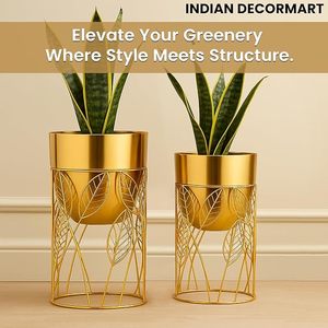 Soportes de flores de metal chapados en oro con diseño de hojas, maceteros modernos para interiores para decoración del hogar. - Product Image 3