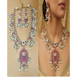 Collier et boucles d'oreilles classiques en laiton plaqué or de qualité supérieure, sertis de zircon Jadau, pour mariage, fête, cadeau, pour femmes - Product Image 1